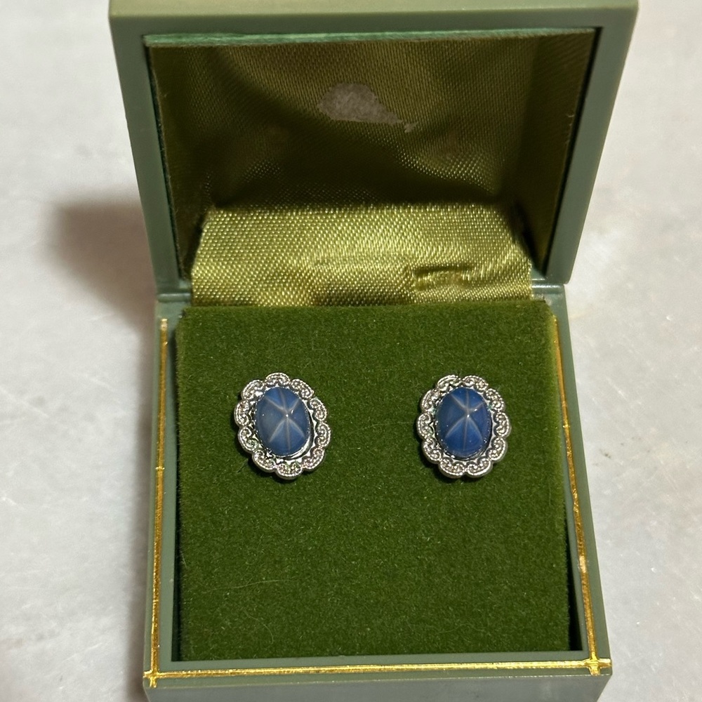 Vintage faux star sapphire stud earrings in the original box